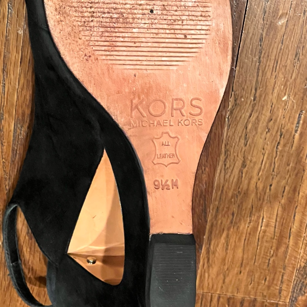 Michael Kors Wedge Heels Peep Toe Cut Out Black Leather Suede Women’s Shoes - Picture 7 of 11